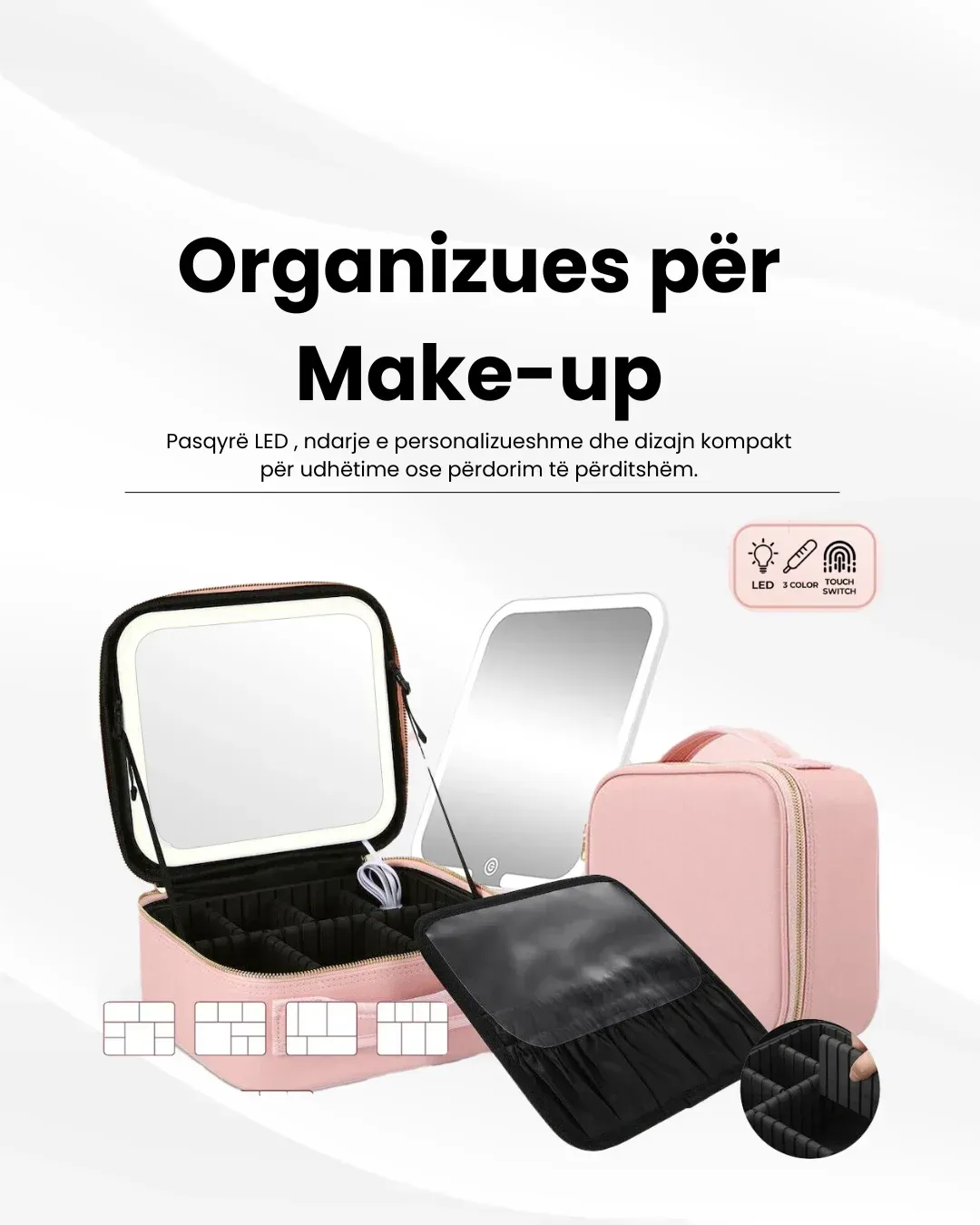 Çante + Pasqyrë LED për Makeup (MakeUp Organizator)