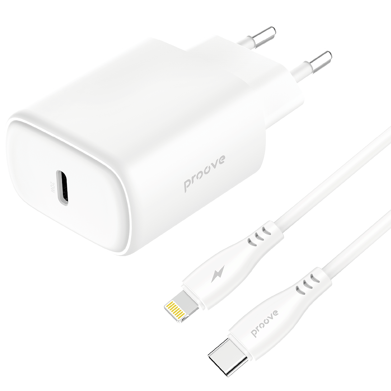 Karikues muri Proove Silicone Power 2, 20W, Type-C, me kabllo Type-C në Lightning, e bardhë