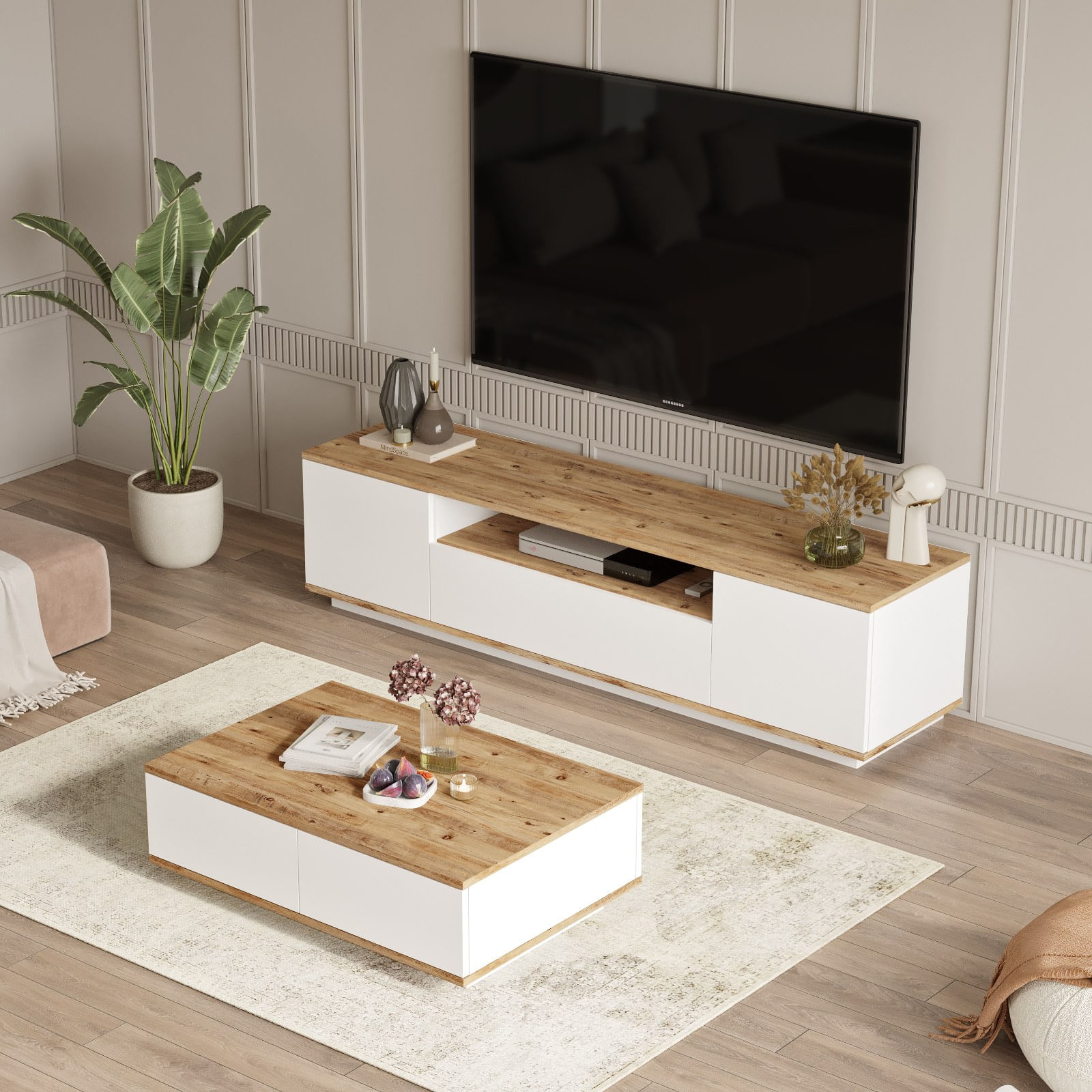 Set Mobiljesh për Dhomë Ndenjeje Hanah Home Fr17, pishë atlantike e bardhë