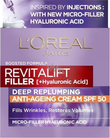 Kremi Anti-plakje L'Oréal Revitalift Filler me Hialuronik Acid dhe SPF 50 - 50 ml